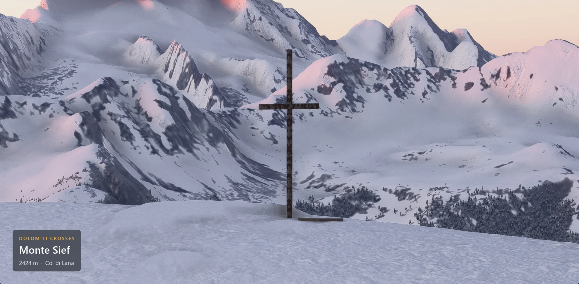 The summit cross on Monte Sief (2424 m) seen from the side, with winter snow, with the caption plate in the lower left corner.