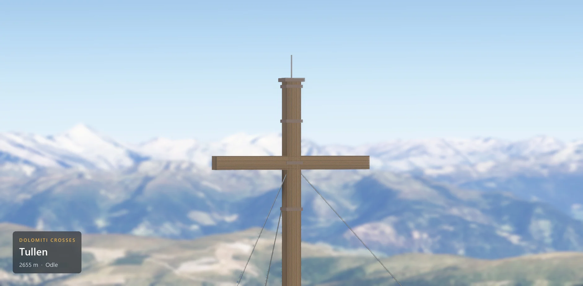 The summit cross on Tullen (2655 m) in close-up, with the caption plate in the lower left corner.