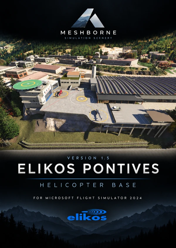 Meshborne Elikos Pontives Helicopter Base version 1.5 promotional poster for Microsoft Flight Simulator 2024.